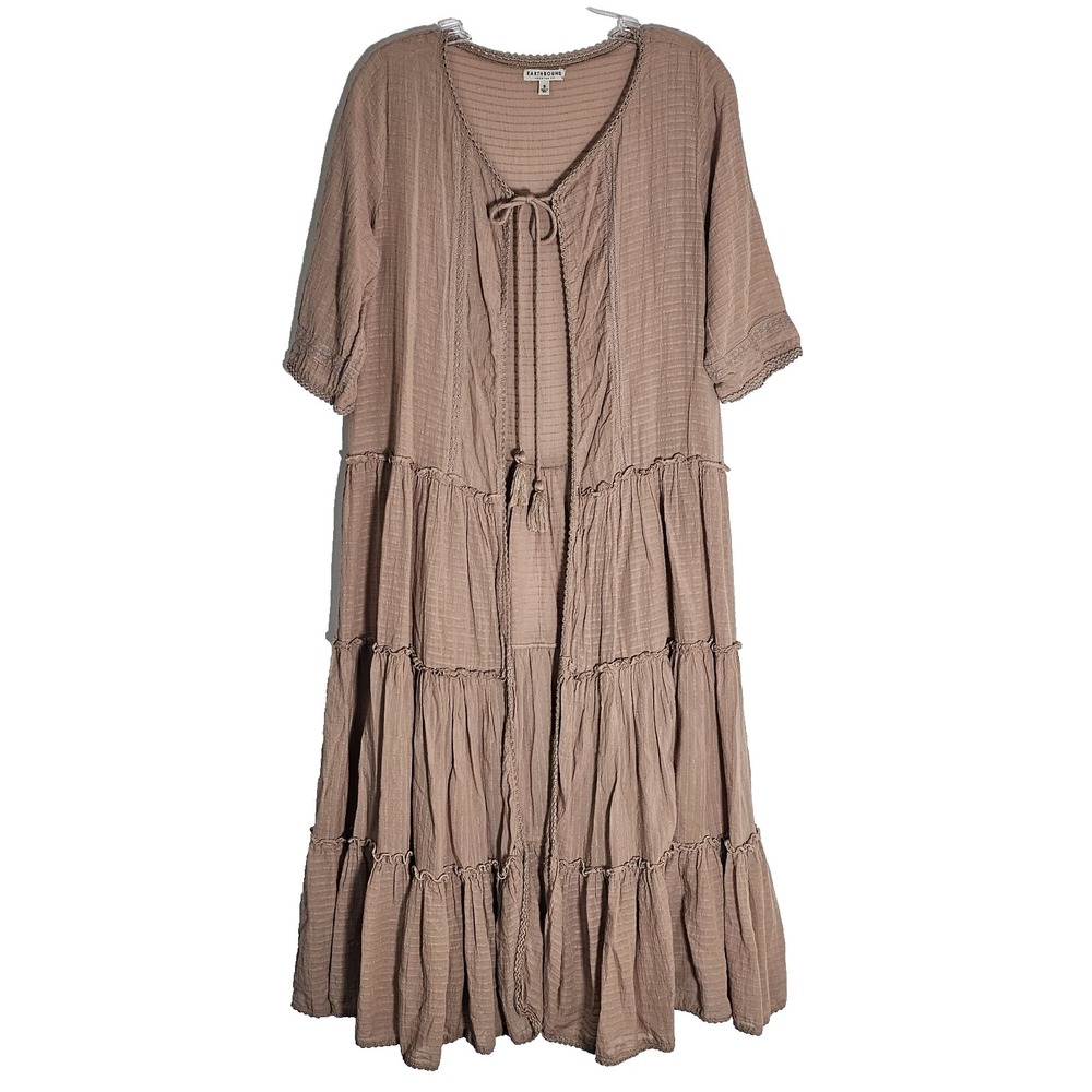 Earthbound Trading Co Duster Womens Small Tan‎ Gauze Tiered Long Tie Cardigan S